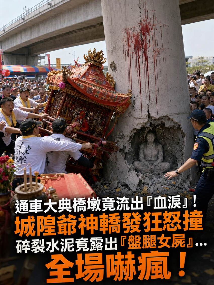 通車大典橋墩竟流出「血淚」城隍爺神轎發狂怒撞，碎裂水泥竟露出「盤腿女屍」...全場嚇瘋!!!